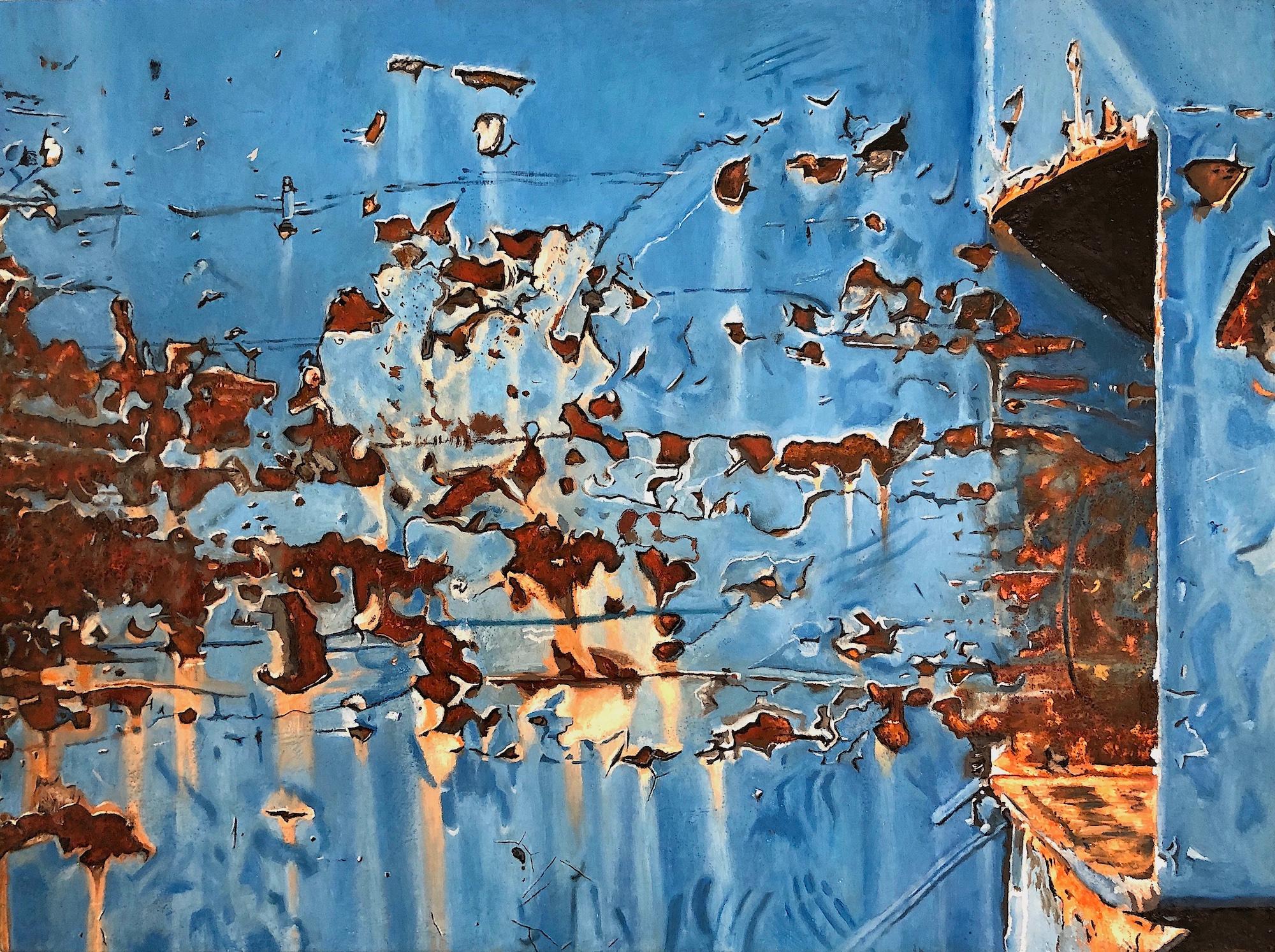 "Blue Dumpster", Contemporary Encaustic and Oil Painting on Panel, 18x24 inch