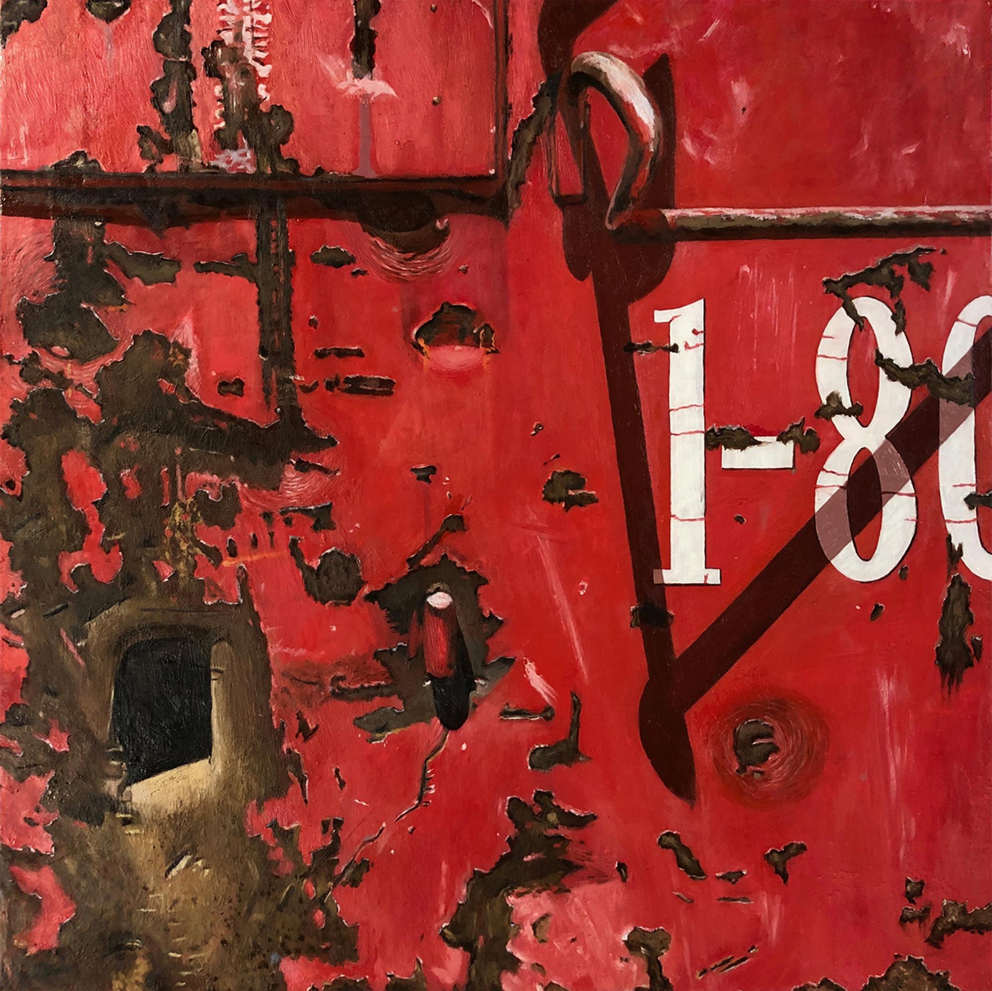 "Dumpster 1-800", Contemporary, Red, White, Rust, Encaustic and Oil Painting
