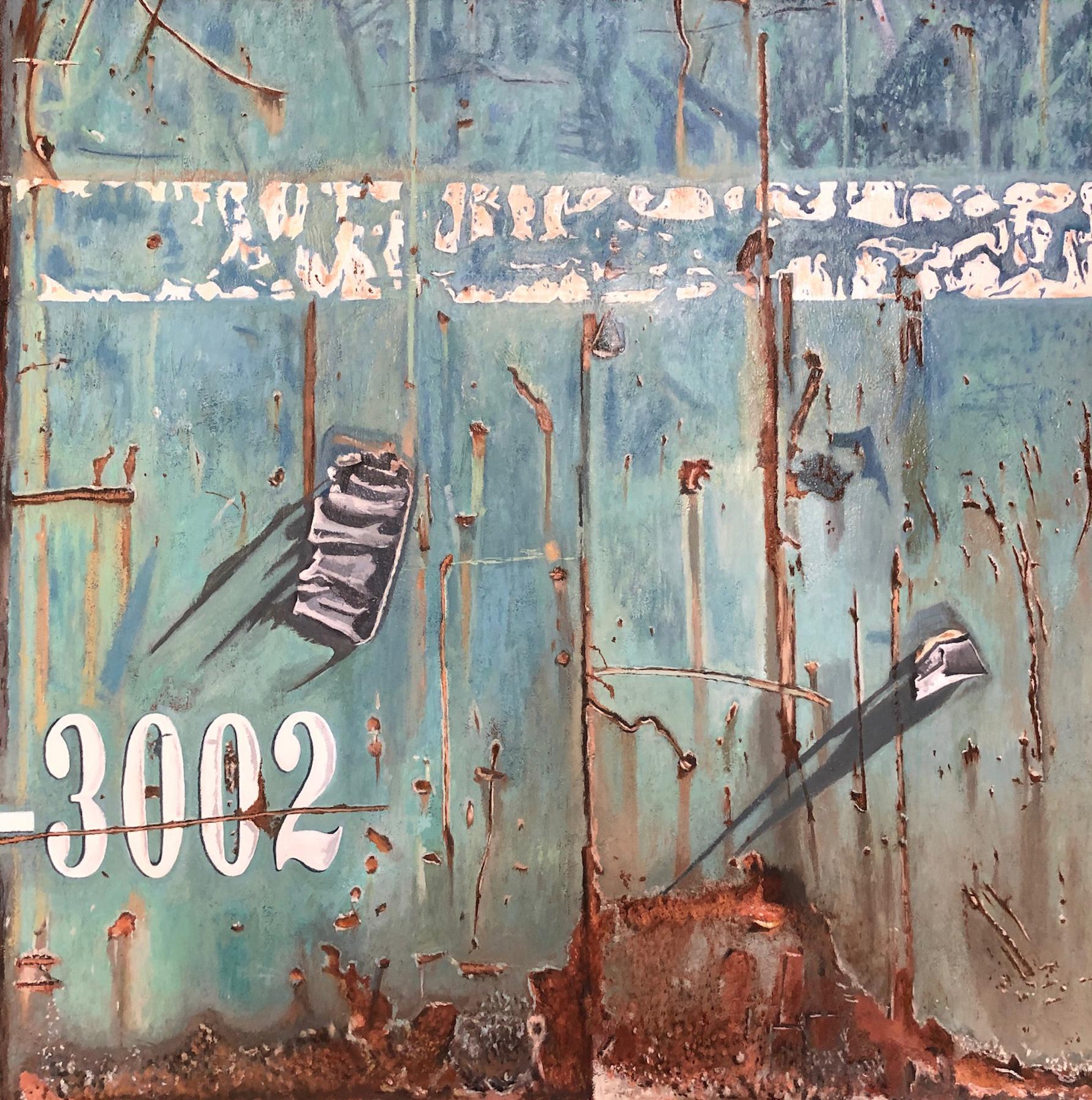 Tracy Spadafora Abstract Painting – „Dumpster 3002“, zeitgenössische Kunst, grün, blau, weiß, Enkaustik- und Ölgemälde