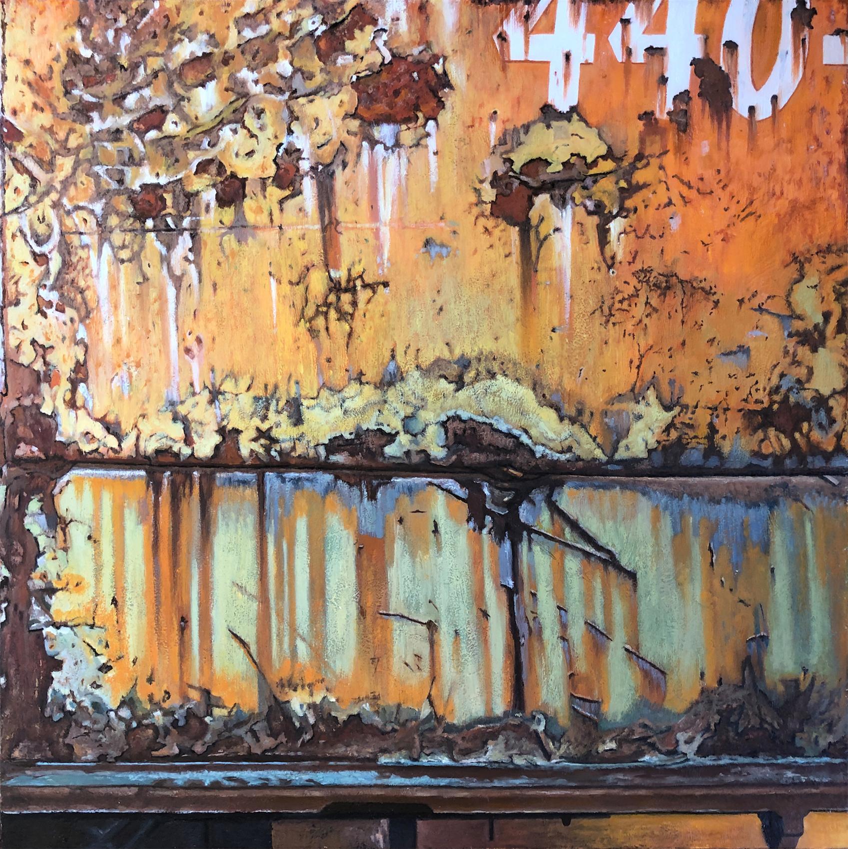 "Dumpster 440", Contemporary, Orange, Yellow, Rust, Encaustic and Oil Painting