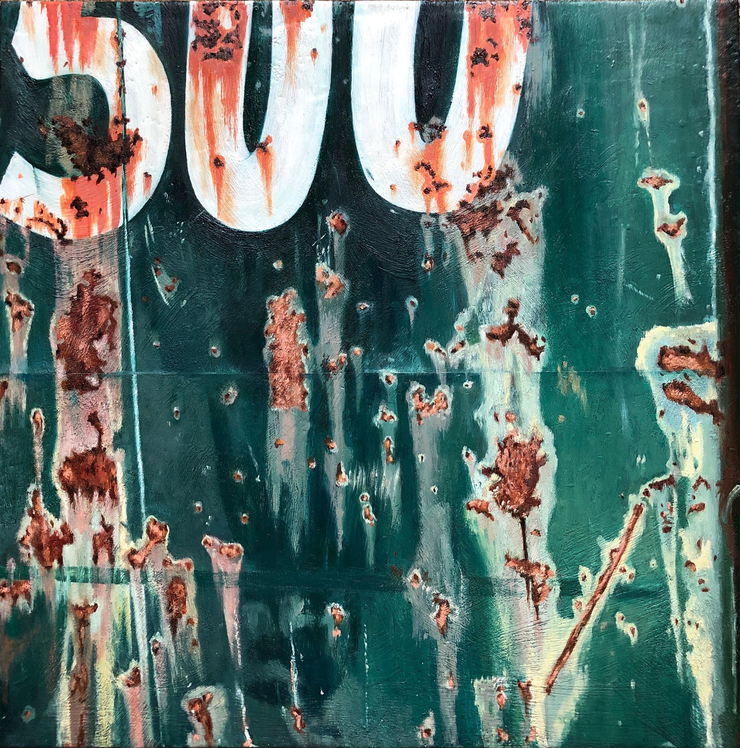 "Dumpster 500", Zeitgenössisch, Grün, Rost, Weiß, Enkaustik und Ölgemälde