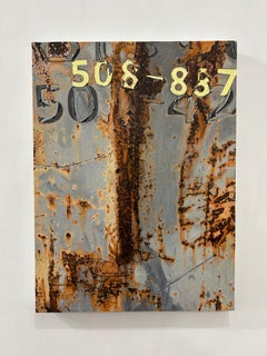 "Dumpster 508-877", Contemporary, Rust, Blue, Encaustic and Oil Painting
