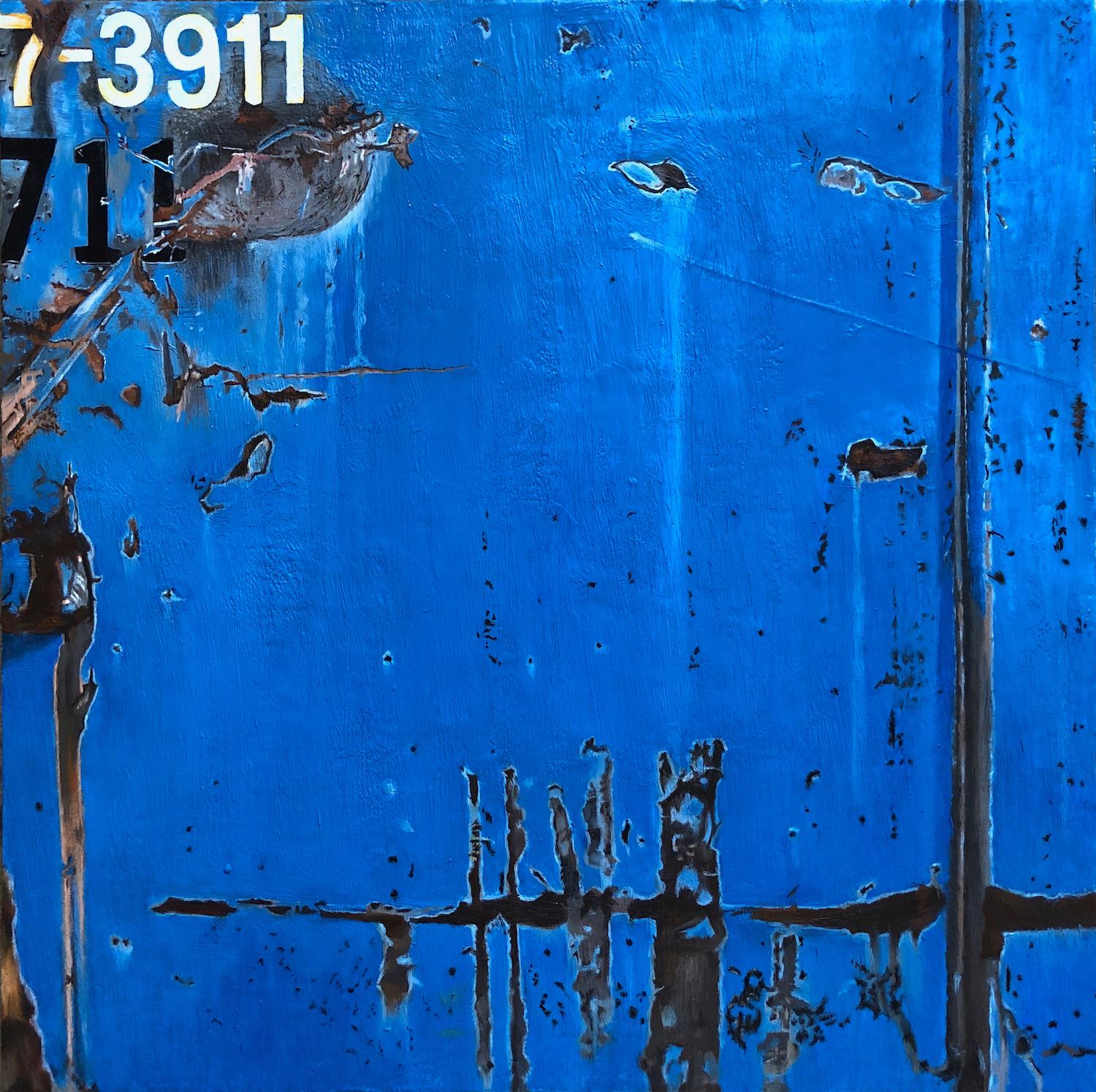 Tracy Spadafora Abstract Painting - "Dumpster 7-3911", Contemporary, Abstract, Blue, Encaustic and Oil Painting