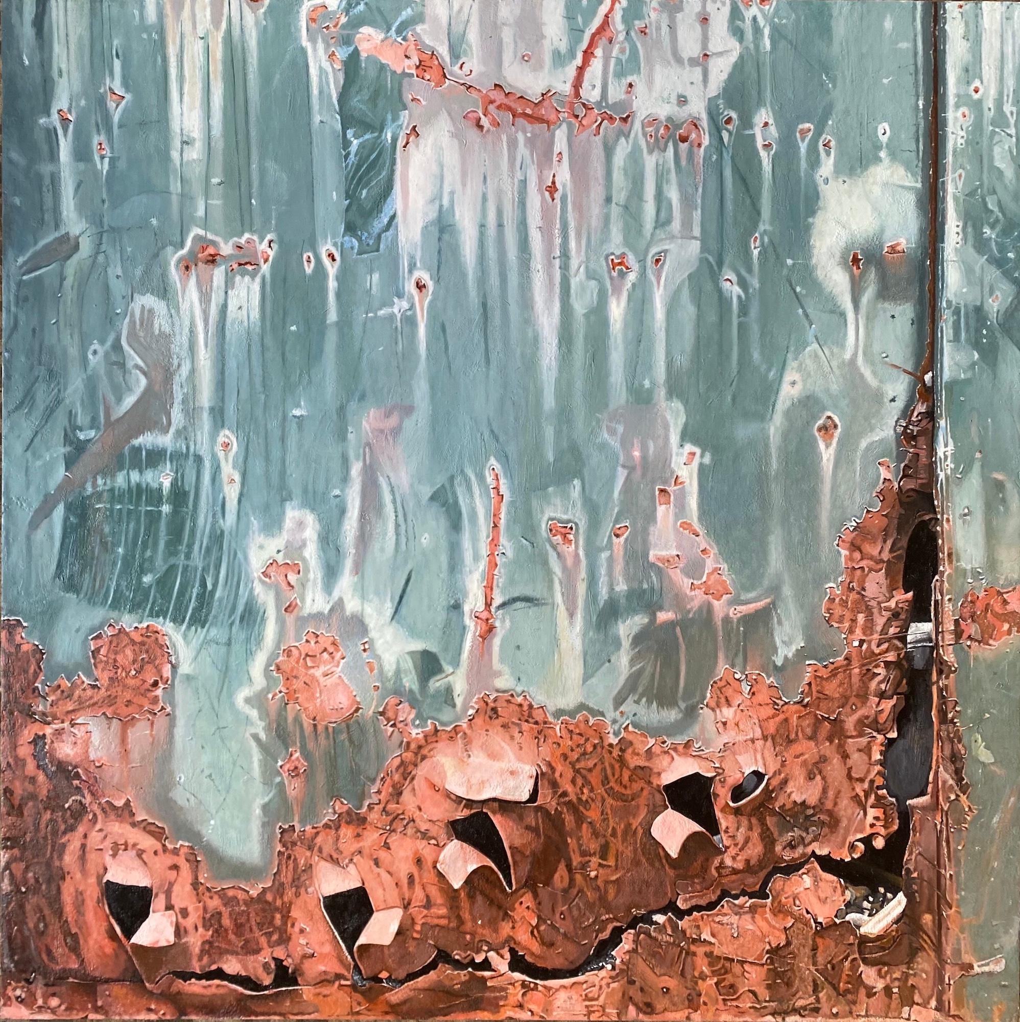"Green Dumpster Landscape", Contemporary, Rust, Encaustic and Oil Painting