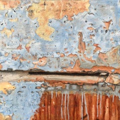 "Nunca desaparece", pintura contemporánea, óxido, azul, encáustica y óleo