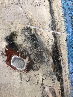 "Seek Higher Ground", pintura contemporánea, azul, negra, encáustica y al óleo