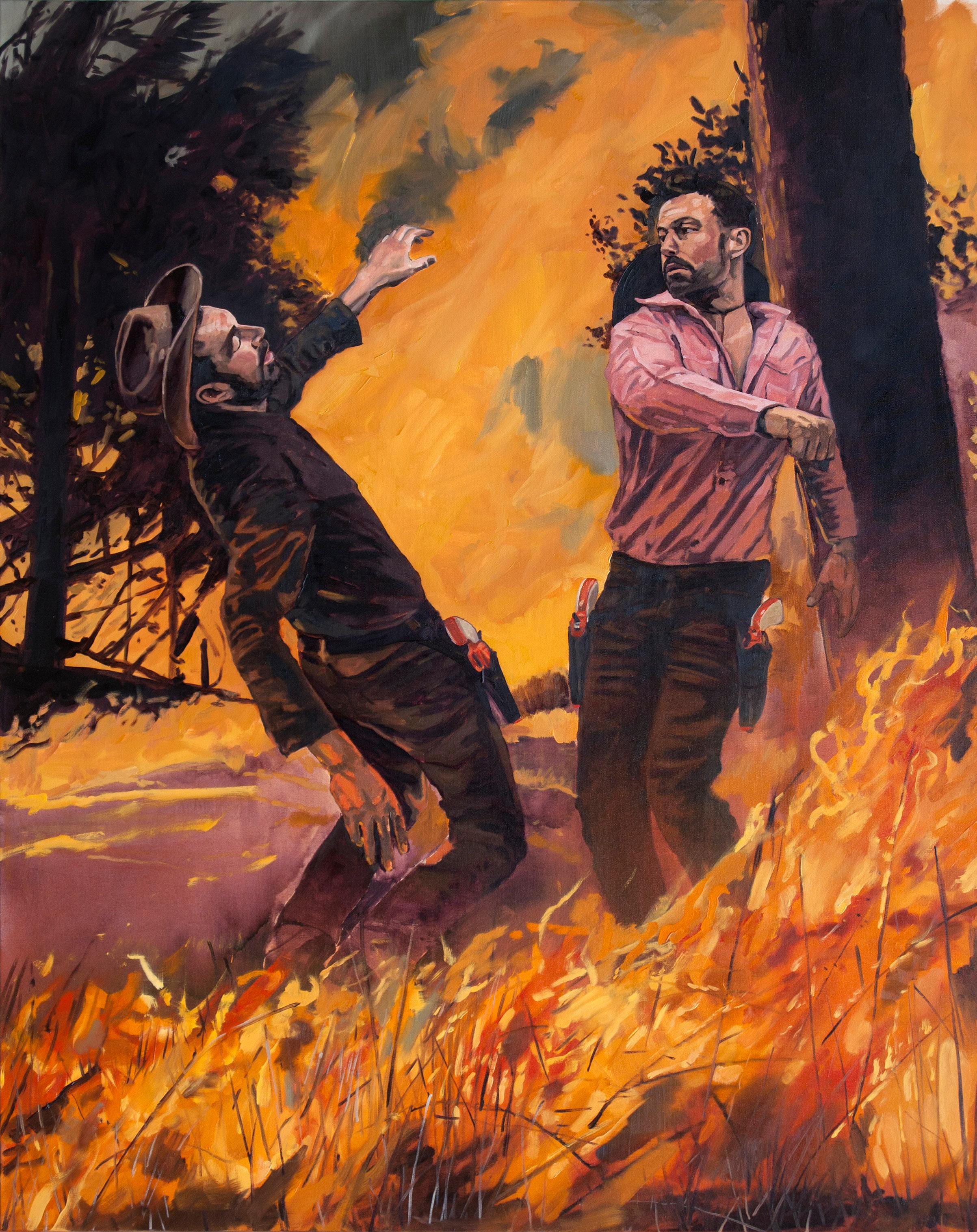 Tracy Stuckey Figurative Painting - Buck Jones in the Burning Forest