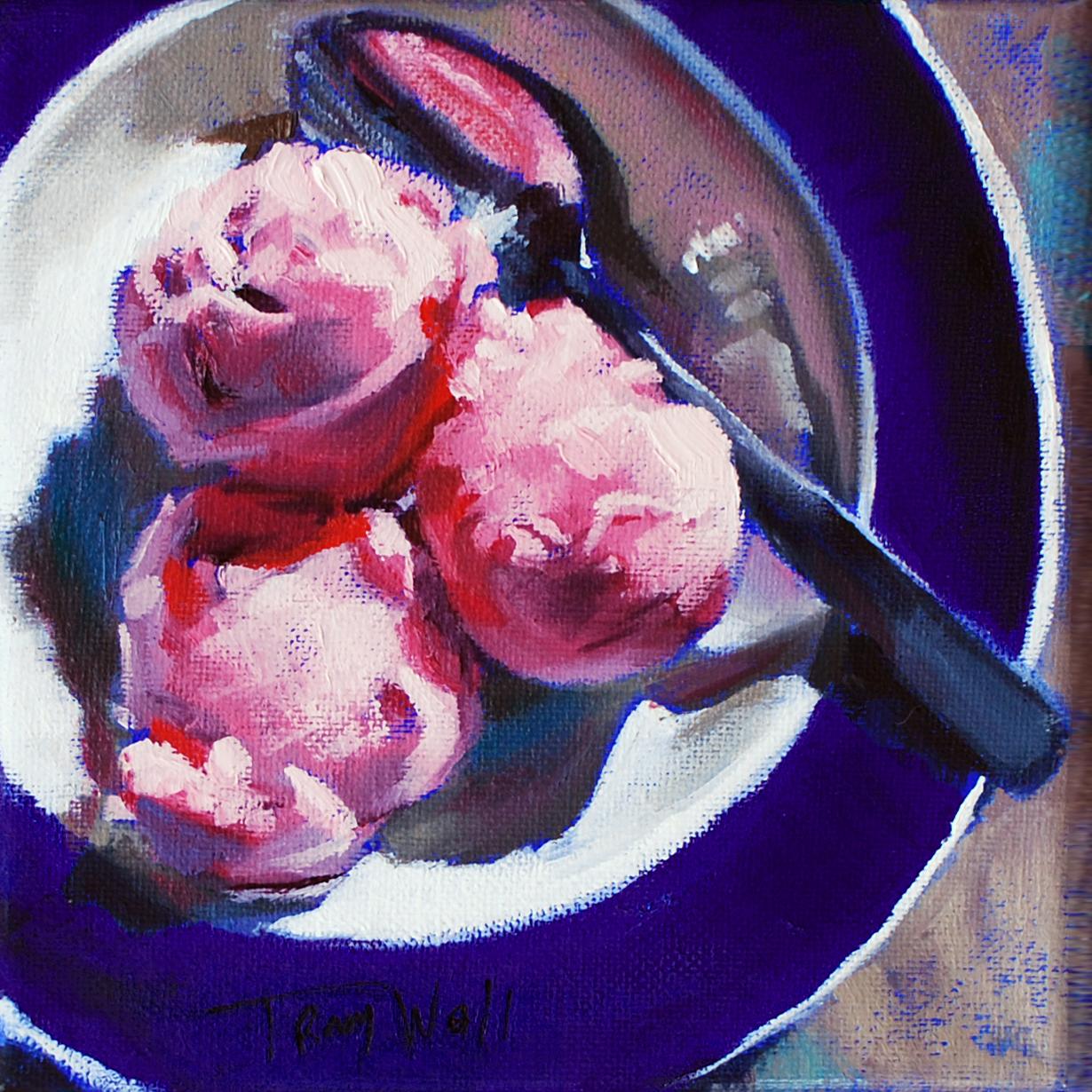 Tracy Wall Still-Life Painting - "3 Strawberry Scoops, " Oil Painting