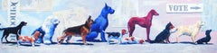 "We All Have a Dog in the Fight" (Nous avons tous un chien dans la bataille) par Tracy Wall, peinture de onze races de chiens.