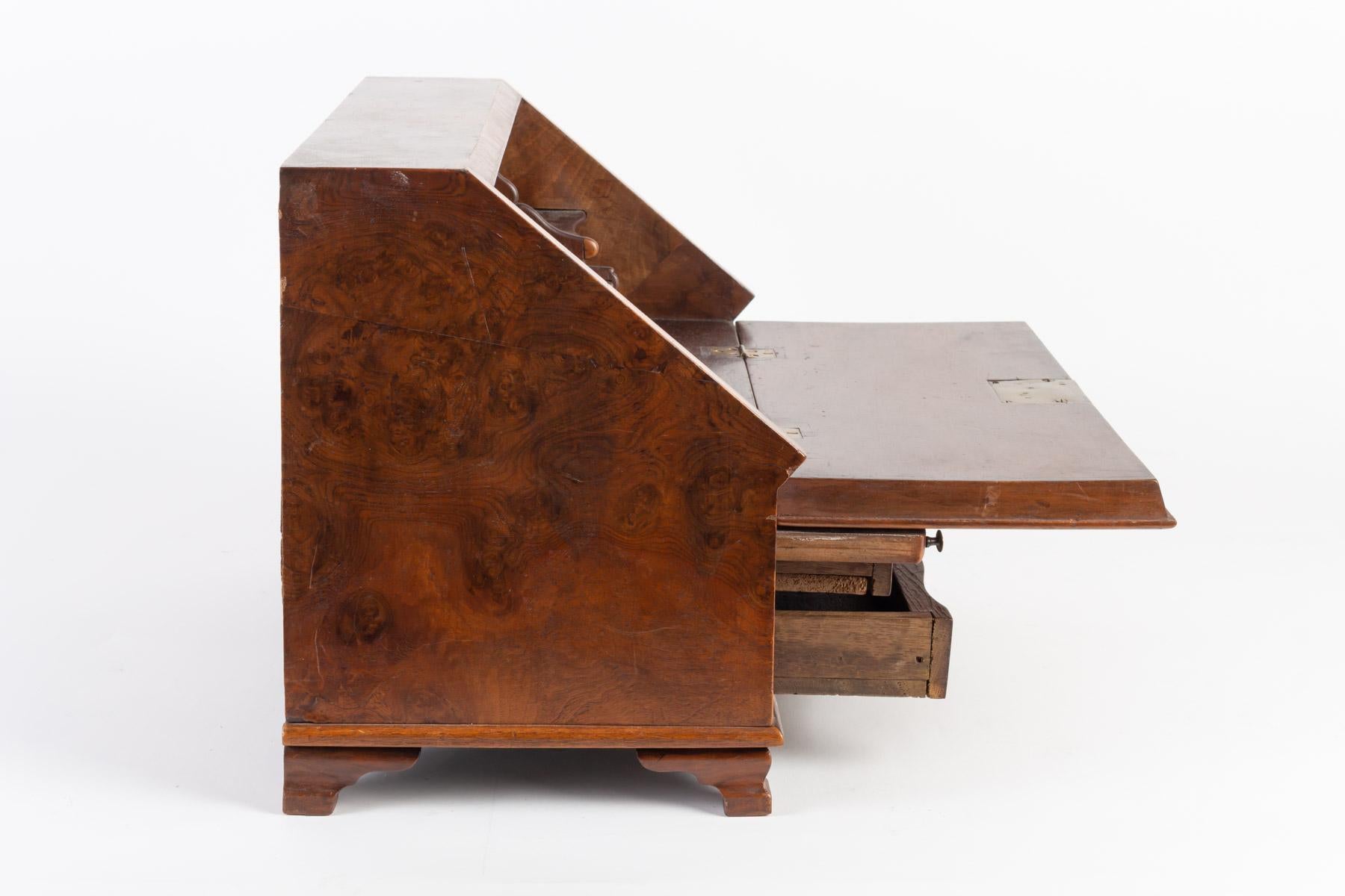 19th century miniature secretary-miniature writing desk, 2 drawers in belt
Measures: H 34cm, W 46cm, D 26cm.