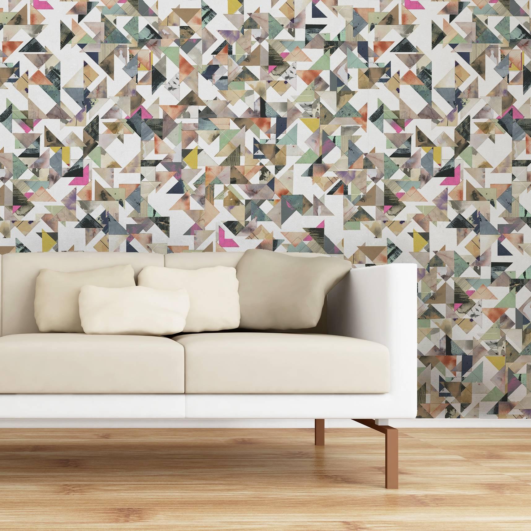 The interplay of precision, randomness, structure and fluidity is expressed in this colorful and mesmerizing wallpaper designed from original artwork by Max Kahan. Max worked with treated paper in a consistent triangle shape to create a free flowing