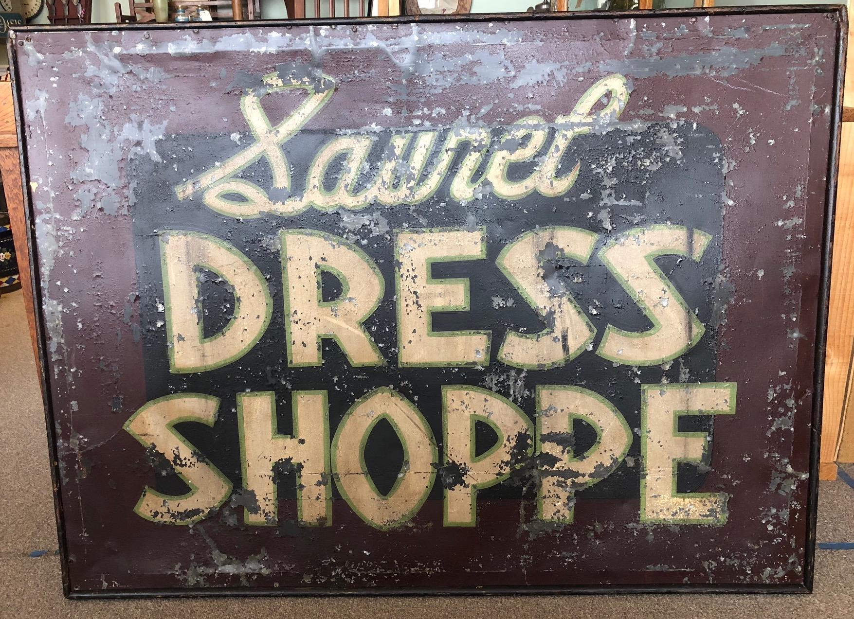 American Trade Sign of Tin for Dress Shoppe For Sale
