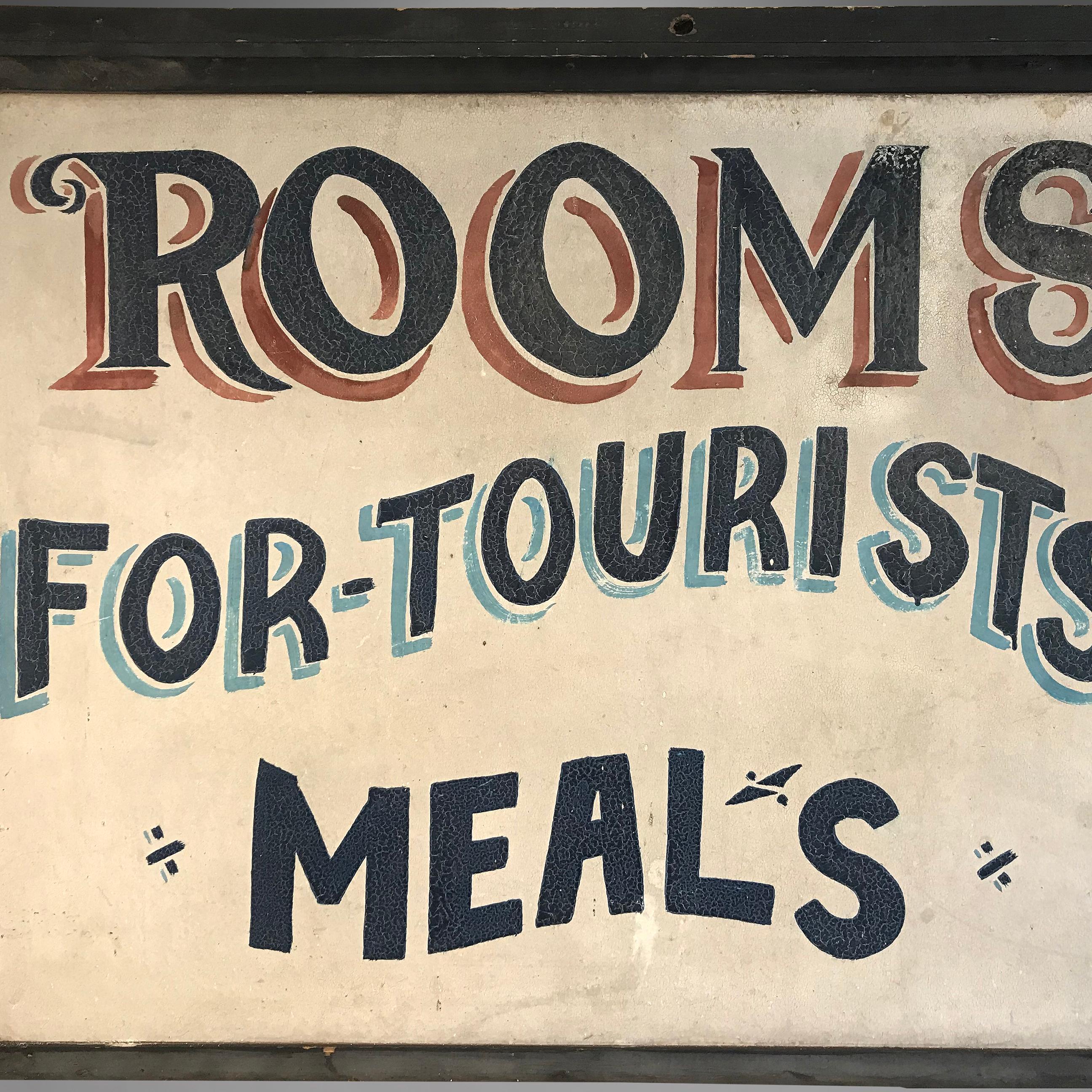 Multicolored trade sign with shadowed fonts over a white field. Mounted in a black molded wooden frame. Found in upstate New York, circa 1940

Measures: 25 ½” x 32” x 1 ¾”.