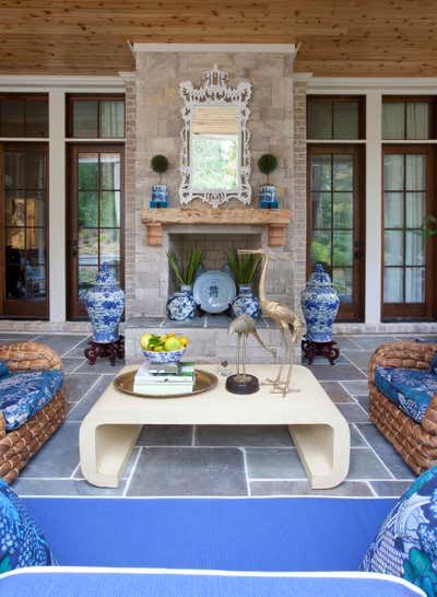Traditional Patio and Deck. Blue and White Veranda  by Parker Kennedy Living.