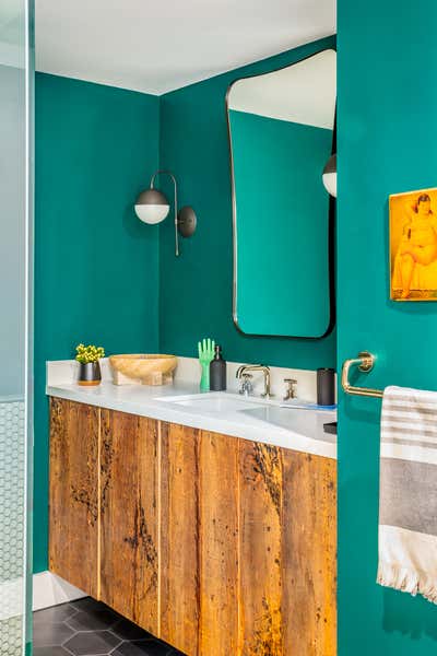  Eclectic Maximalist Bachelor Pad Bathroom. century city high-rise by Black Lacquer Design.