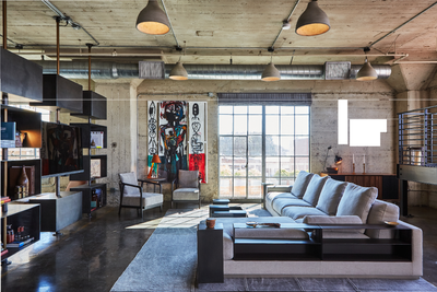  Industrial Bachelor Pad Living Room. arts district loft by Andrea Michaelson Design.