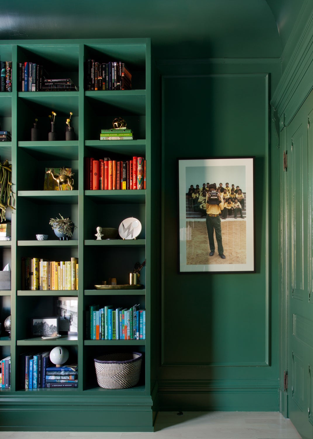 Dark Green Home Office with Custom Millwork by Regan Baker Design on