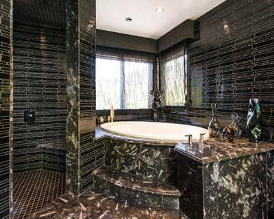 Eclectic Bachelor Pad Bathroom. Dr. Phil's SON's Entertainment Retreat by Sarceda Projekts.