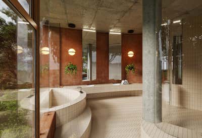  Mid-Century Modern Mediterranean Beach House Bathroom. Flinders House by Jesse Bennett Studio.