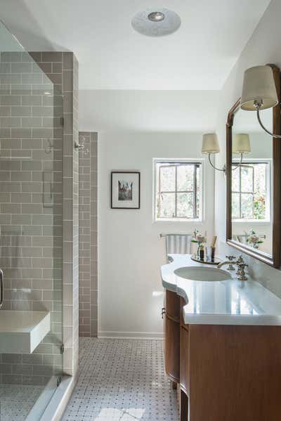  English Country Traditional Vacation Home Bathroom. Hollywood by Louise Voyazis Interior Design.