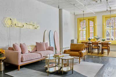  Mid-Century Modern Bohemian Office Lobby and Reception. Bumble NYC Office  by Emma Beryl.