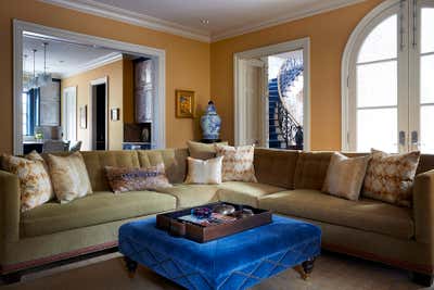  Maximalist Transitional Family Home Living Room. Del Monte by Dennis Brackeen Design Group.
