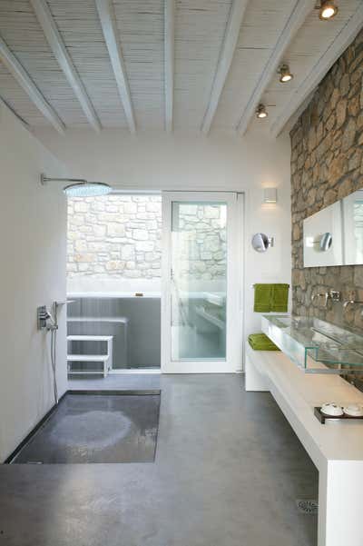 Beach Style Vacation Home Bathroom. Mykonos Seafront Villa by Anna-Maria Coscoros Interior Design.