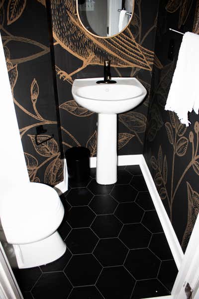  Art Deco Family Home Bathroom. Dark Powder Bath by Decorelle LLC.