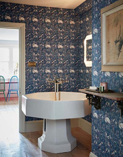  Bohemian Transitional Country House Bathroom. Hampshire Family Home by Godrich Interiors.