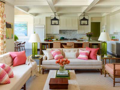  Mid-Century Modern Beach House Living Room. Mecox Road New Build by Mendelson Group.