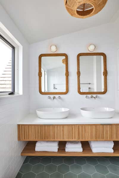 Beach Style Beach House Bathroom. Hamptons Bay Front by Jessica Gething Design.