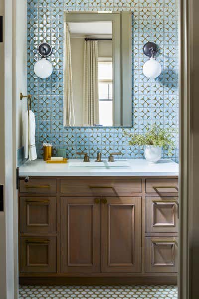  British Colonial Family Home Bathroom. Maximalist Westchester Interior Design  by Kati Curtis Design.