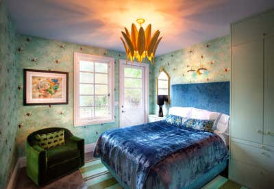  Eclectic Contemporary Maximalist Vacation Home Bedroom. Pasadena Poolhouse by Michelle Workman Interiors.