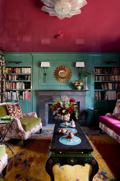  Bohemian Traditional Family Home Living Room. Colorful Tudor Home Interior Design  by Kati Curtis Design.