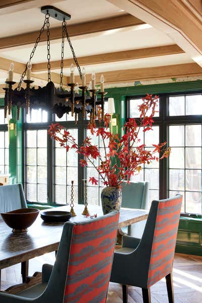  Preppy Dining Room. Colorful Tudor Home Interior Design  by Kati Curtis Design.