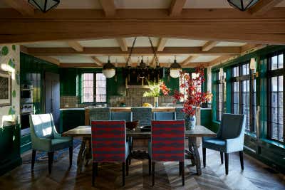  Bohemian Family Home Dining Room. Colorful Tudor Home Interior Design  by Kati Curtis Design.