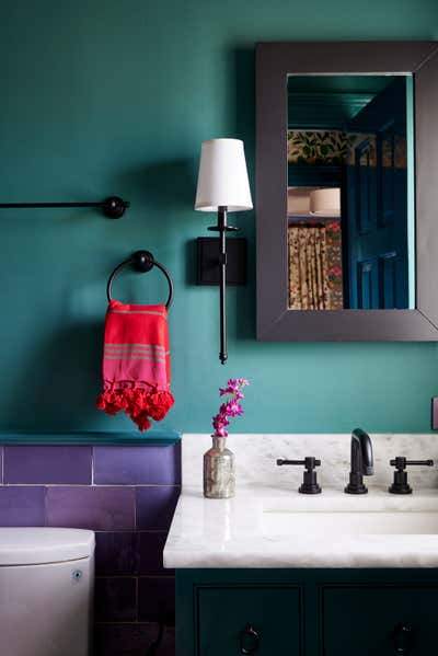  Bohemian Bathroom. Colorful Tudor Home Interior Design  by Kati Curtis Design.