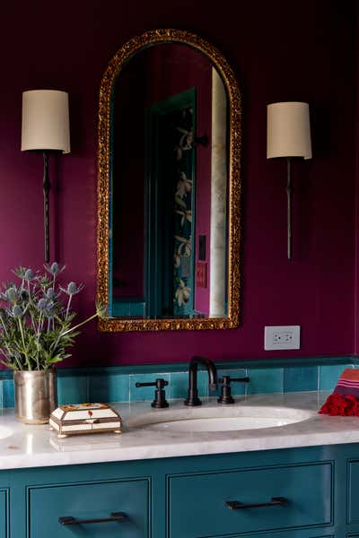 Preppy Bathroom. Colorful Tudor Home Interior Design  by Kati Curtis Design.