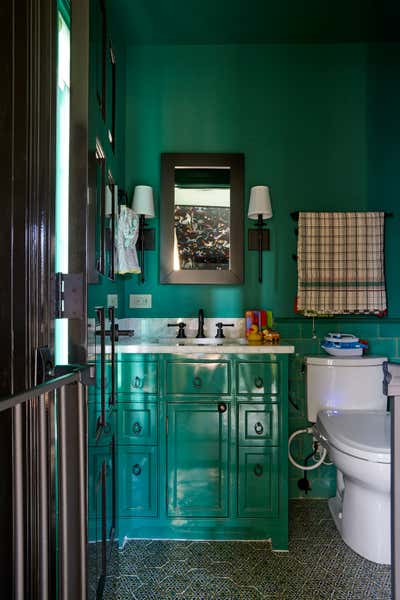  Maximalist Preppy Family Home Bathroom. Colorful Tudor Home Interior Design  by Kati Curtis Design.