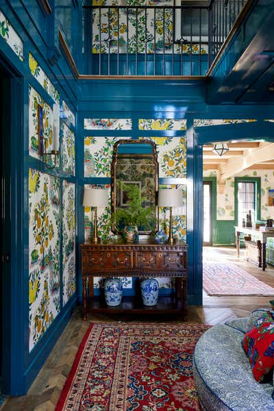 Bohemian Family Home Entry and Hall. Colorful Tudor Home Interior Design  by Kati Curtis Design.