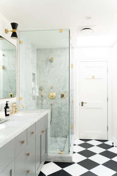  English Country Hollywood Regency Family Home Bathroom. Sherman Canal by Mallory Kaye Studio.