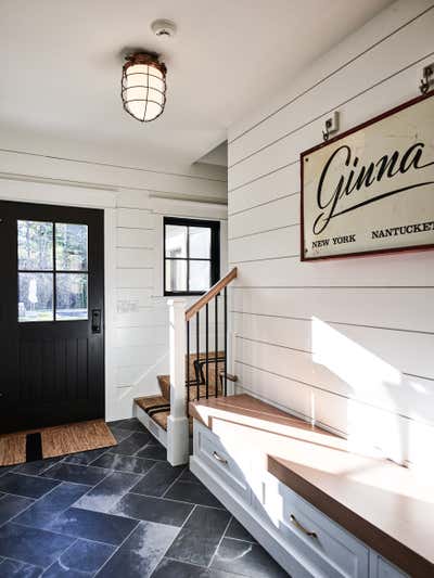  Farmhouse Family Home Entry and Hall. Osterville, MA by Jaimie Baird Design.