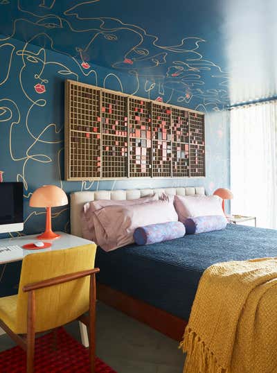  Mid-Century Modern Bohemian Apartment Bedroom. Marina Towers by Lisa Wolfe Design.