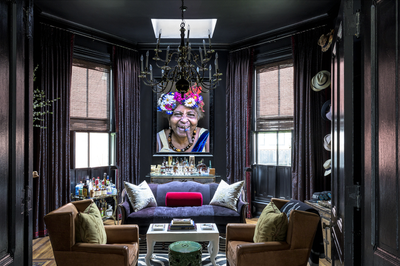  Hollywood Regency Eclectic Family Home Bar and Game Room. Cherokee by Lucinda Loya Interiors.