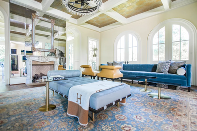  Hollywood Regency Art Nouveau Family Home Living Room. Bluebonnet by Lucinda Loya Interiors.
