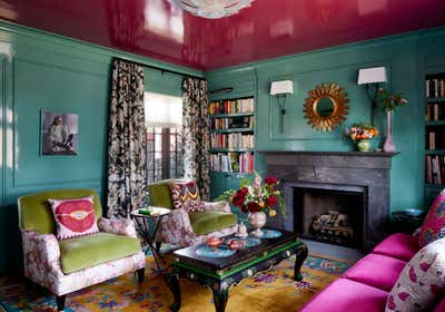  Preppy Family Home Living Room. Colorful Tudor Home Interior Design  by Kati Curtis Design.