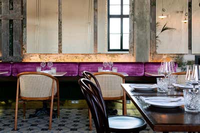  Mid-Century Modern Traditional Restaurant Dining Room. Lore Bistro by Marit Ilison Creative Atelier.