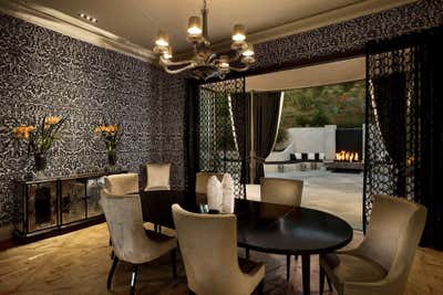  Mid-Century Modern Regency Beach House Dining Room. Hollywood Regency Estate by Maienza Wilson.
