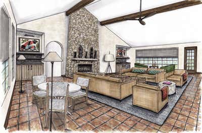 Mid-Century Modern Mediterranean Living Room. Renderings by Modern Menagerie Interiors, Ltd. Co..