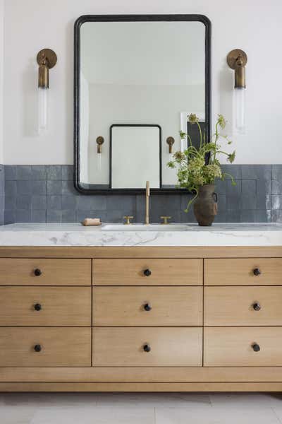  Modern Transitional Family Home Bathroom. Blue Bathroom Remodel by Haven Studios.